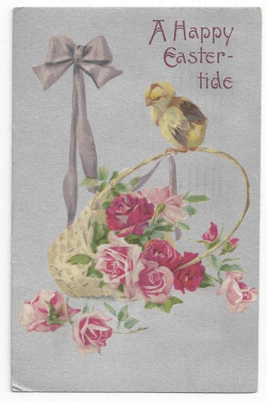 Vintage Easter Postcard Chick Roses Silver 1910 Winsch