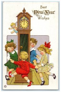 c1910's New Year Children Playing Angel Clock Embossed Unposted Antique Postcard