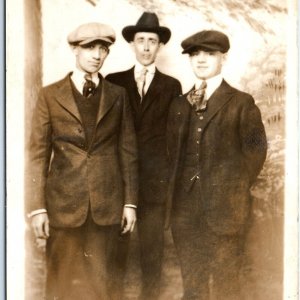 c1910s Friend Group Portrait RPPC Cool Gangster Newsboy Hats Real Photo PC A185