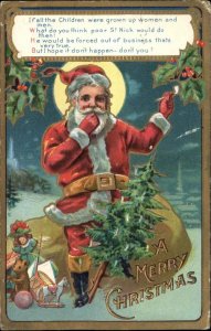Christmas Santa Claus with Toys Teddy Bear Doll Holly c1910 Vintage Postcard