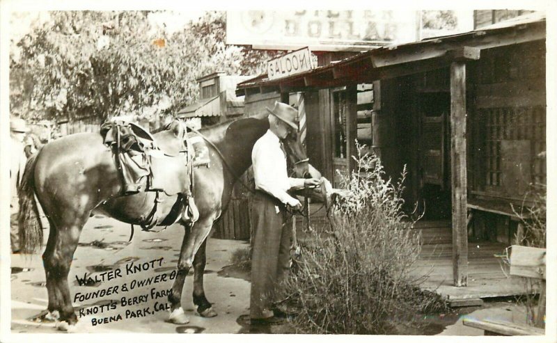 RPPC Walter Knott & Horse Silver Dollar Saloon Knott's Berry Farm Buena Park CA