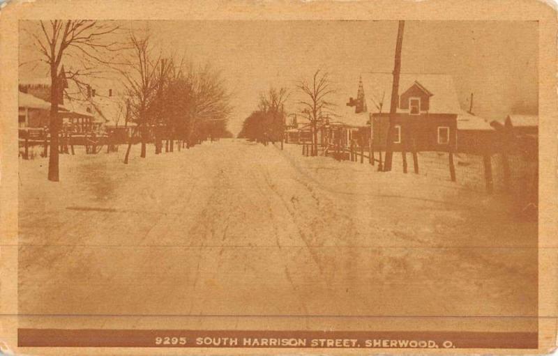 Sherwood Ohio Harrison Street Scene Snow Antique Postcard K45441