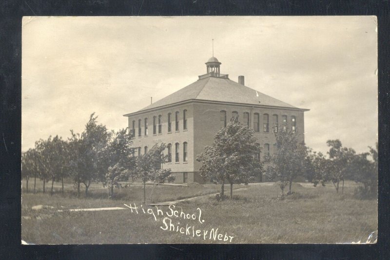 RPPC SHICKLEY NEBRASKA HIGH SCHOOL BUILDING VINTAGE REAL PHOTO POSTCARD