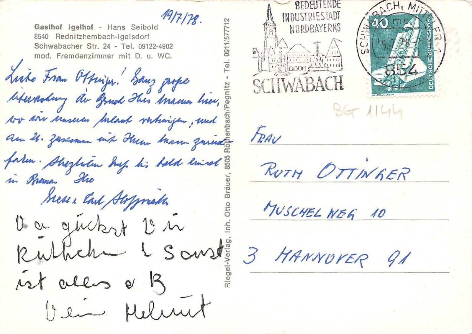 Bg1144 Gasthof Hotel Igelhof Hans Seibold Igelsdorf Cpsm 14x9 5cm Germany Hippostcard