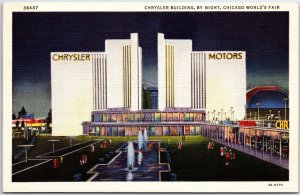 VINTAGE POSTCARD CHRYSLER BUILDING BY NIGHT AT THE 1933 CHICAGO WORLD'S FAIR