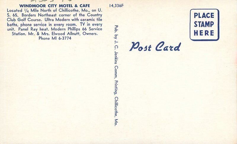 Missouri Chillicothe Windmoor City Motel Cafe Jenkins Postcard 22-6554