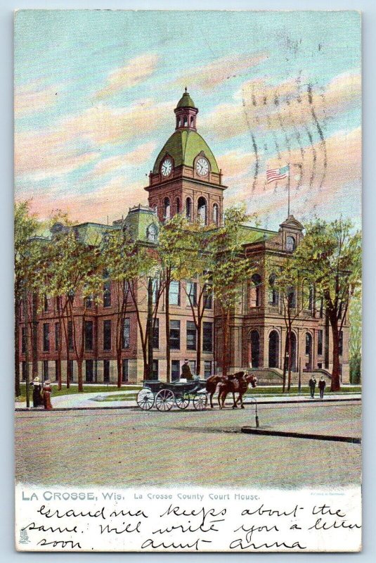 La Crosse Wisconsin Postcard La Crosse Court House Building Horse Carriage 1906