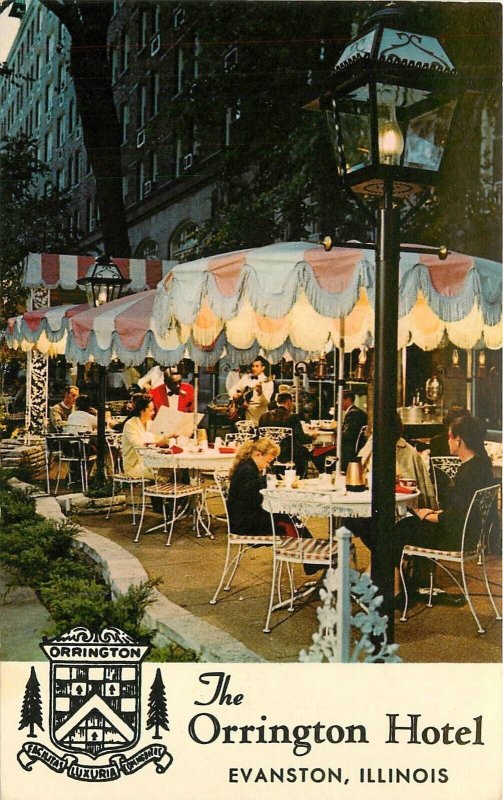 Postcard Illinois Evanston Orrington Hotel Night Patio Cafe Teich 1960s 23-5510