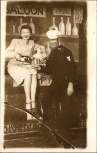 Bar Studio Image Bottles WWII Sailor Pretty Woman c1940s Real Photo Postcard