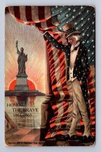 HONOR THE BRAVE UNCLE SAM STATUE OF LIBERTY CIVIL WAR MILITARY POSTCARD 1909