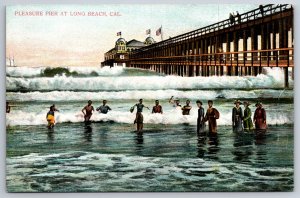 Long Beach CA~Sun Pavilion At End Of Pleasure Pier~Bathers In Surf~Vintage PC
