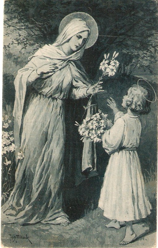 Girl with flowers for the Virgin Nice Spanish religious postcard 1930s