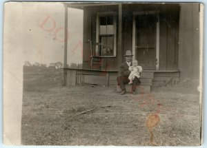 c1910s Cute Father & Baby Son RPPC Small House Real Photo Postcard Home Farm A42