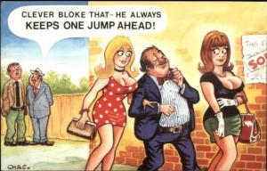 Clever Bloke has Two Large Breasted Girlfriends Comic Postcard