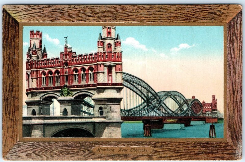 c1910s Hamburg, Germany Neue Elbbrucke New Elbe Bridge Wood Border Postcard A121