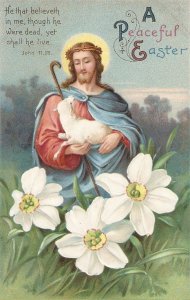 Jesus with lamb  Old vintage American Easter Greetings embossed postcard