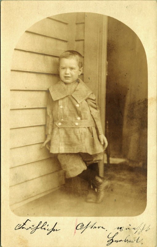 RPPC Little Boy Leaning Against House 1907 Illinois Real Photo Postcard