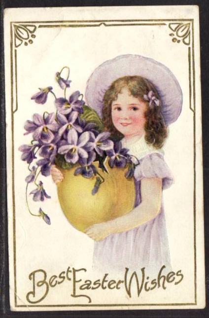Best Easter Wishes Girl Hat Egg Flowers Postcard 4153