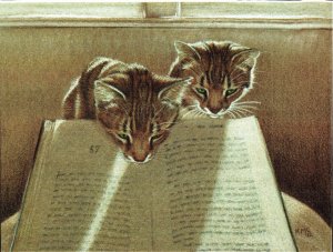 Cat's Helping Someone Read,  Modern Gallery, Framable 4.2 by 5.6 Matte F...