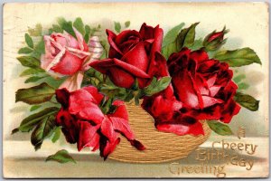 A Cheery Birthday Greeting, Embossed Roses In Woven Basket Gold Script, Postcard