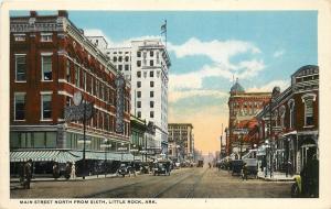 c1920 Postcard Main Street North from Sixth, Little Rock AR Street Scene Signs