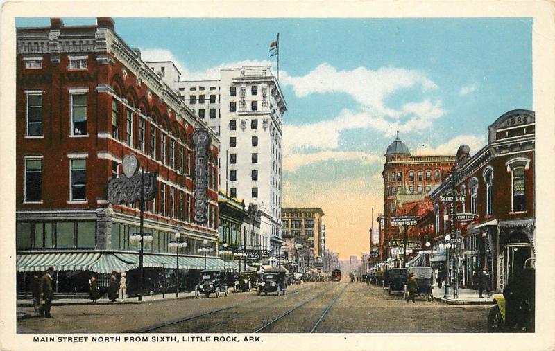 c1920 Postcard Main Street North from Sixth, Little Rock AR Street Scene Signs