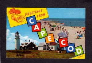 MA Greetings From Cape Cod  Mass Massachusetts Postcard Lighthouse Beach