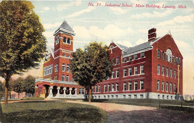 Lansing Michigan~Industrial School~Main Building~Trees in Front~c1910 Postcard