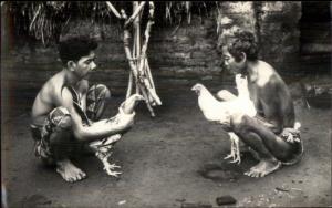 Bali Indonesia Cock Fight? Native Men Real Photo Postcard - Ethnography
