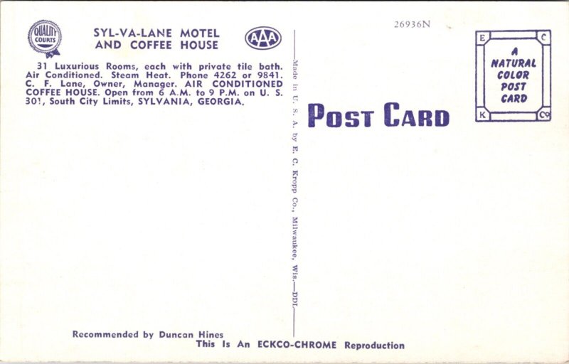 Postcard Syl-Va-Lane Motel and Coffee House US 301 Sylvania, Georgia