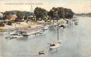 Sacramento River Scene SACRAMENTO, CA Boats, Dock 1909 Vintage Postcard