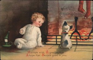 Clapsaddle Christmas Wolf Pub Little Boy and Puppy Wait for Santa Vintage PC