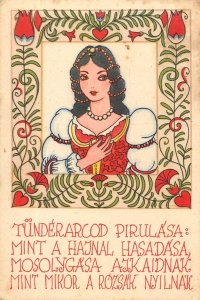 Hungarian patterns fairy face drawn beauty poem vintage art postcard Hungary