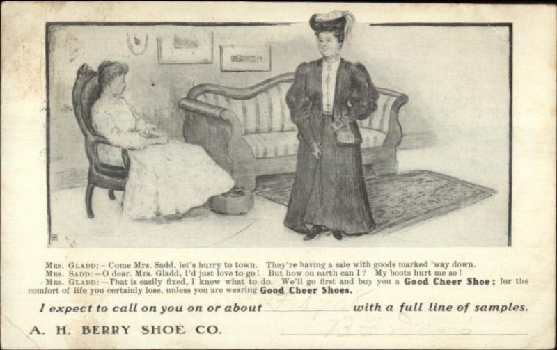 AH Berry Shoe Co Mrs. Glad & Mrs. Sad Casco ME Doane Cancel Postcard