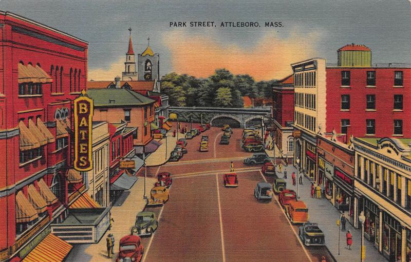 Park Street, Attleboro, Massachusetts, Early Linen Postcard, Unused