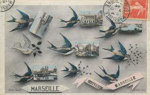 CPA France Souvenir Marseille swallow birds multi views 1907 postcard