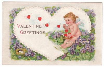 Vintage Valentine Postcard, Cupid Frees Flying Hearts