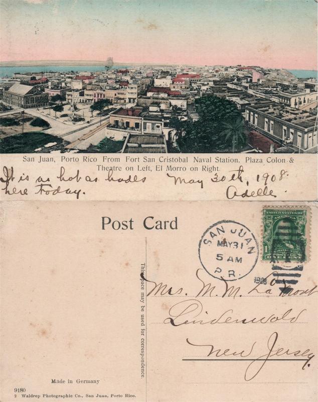 SAN JUAN PUERTO VIEW 1908 ANTIQUE POSTCARD w/ CORK STAMP