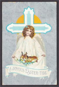 Easter Postcard Angel Holds Rabbits in Robe Cross Sun Silver Background 1900s
