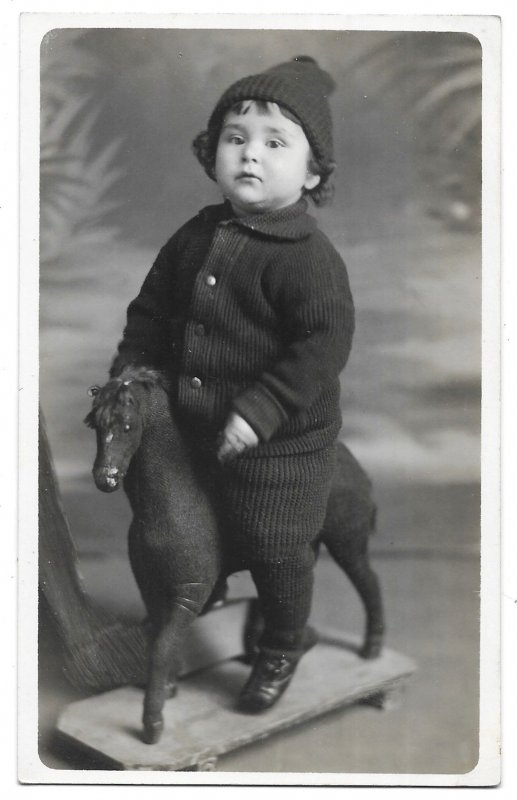 Small Boy Riding Hobby Horse, Unmailed AZO Real Photo Post Card RPPC c1910