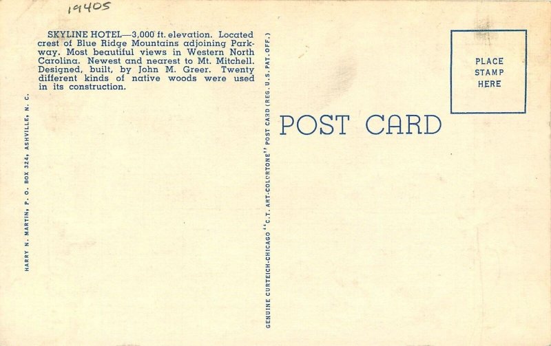 Postcard 1940 North Carolina Spruce Pine Skyline Inn autos Teich linen NC24-1223