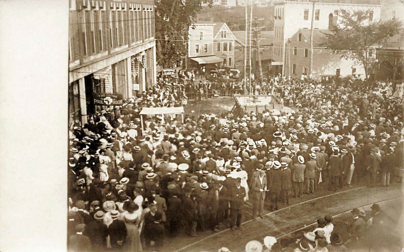 Waterville ME Circus Type Man on Ladder Rhe Globe Pool Room Real Photo Postcard