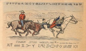 Postcard Western Steer Wrestling Cattle Brands Las Vegas Kim Cowboy Artist