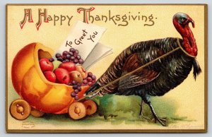 Clapsaddle Thanksgiving~Turkey Pulls Big Pumpkin Cart Loaded w/ Fruit~1909