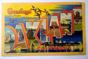 Greetings From Oakland California Large Letter Linen Postcard Curt Teich 1951
