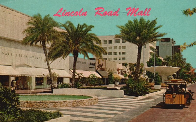 Vintage Postcard 1968 Lincoln Road Mall Building Tram Cars Miami Beach Florida