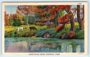 Greetings from DENISON, IA Iowa ~ COWS by CREEK 1945 Crawford County Postcard