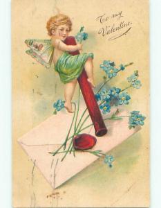 Pre-Linen valentine CUPID PUTS WAX SEAL ON ENVELOPE PLUS FORGET-ME-NOTS J0518