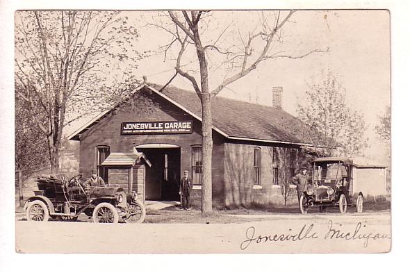 Real Photo Cars in Front of Garage, Jonesville, Michigan, Used 19113