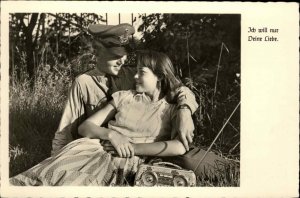 Soldier Sweetheart Man Pretty Woman Radio in Field German c1960s RPPC